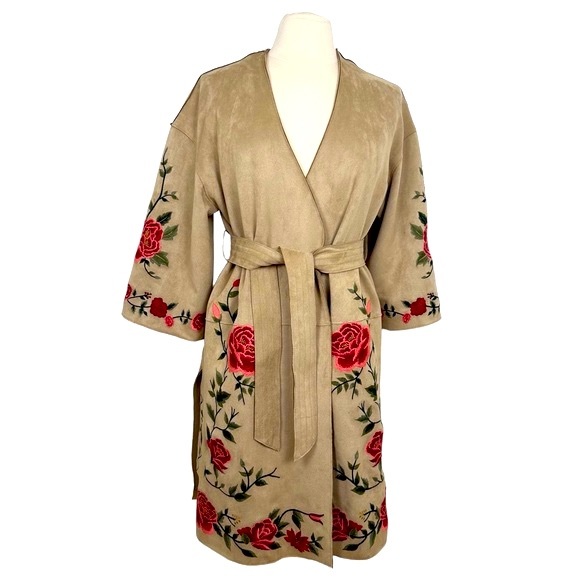 Zara Basic Faux Suede Camel Kimono Duster w/Rose Embroidery Sz XS - Picture 3 of 14
